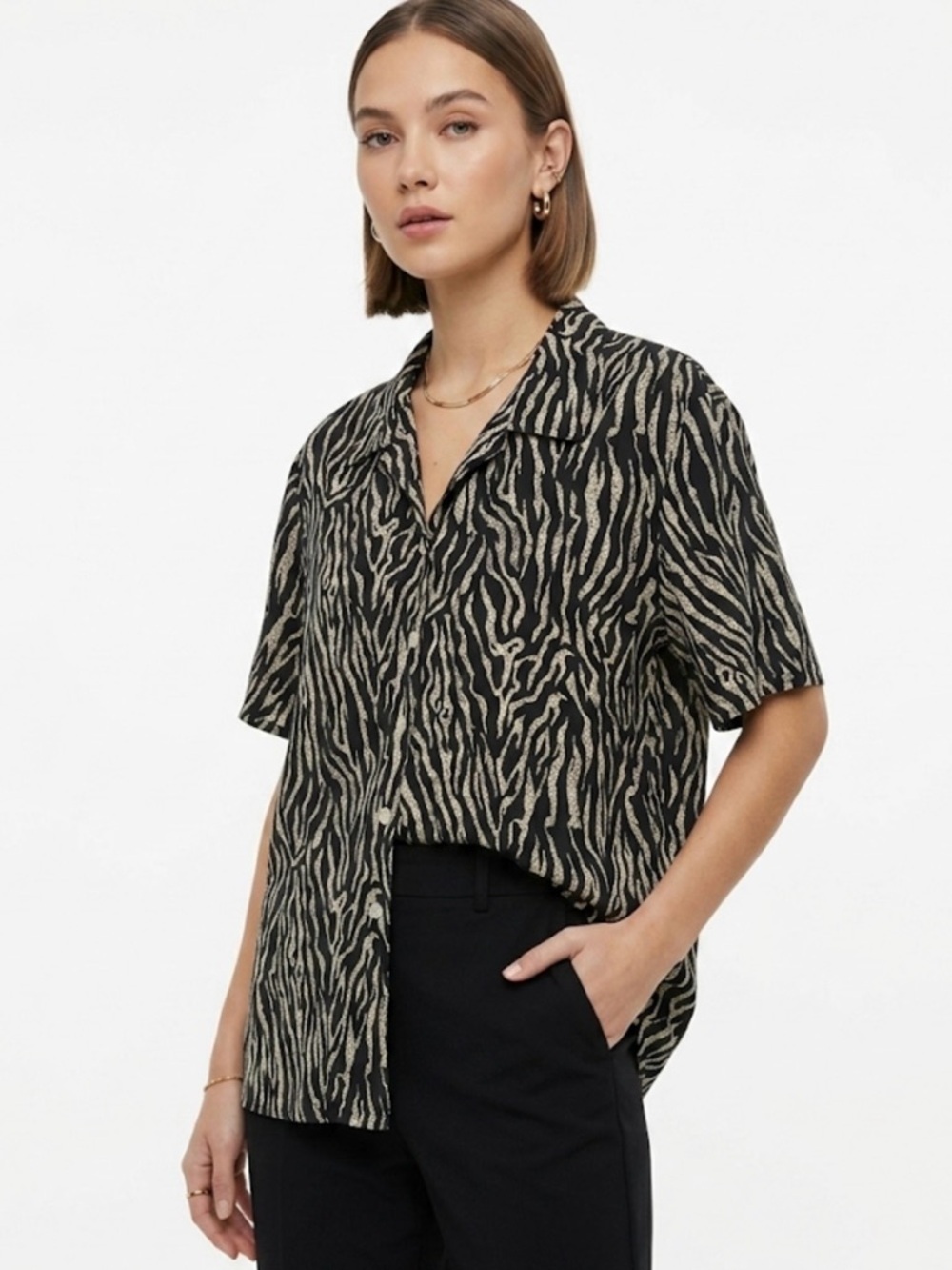 Zebra Print Short Sleeve Button Down Shirt - Black & Cream - Women's L/XL